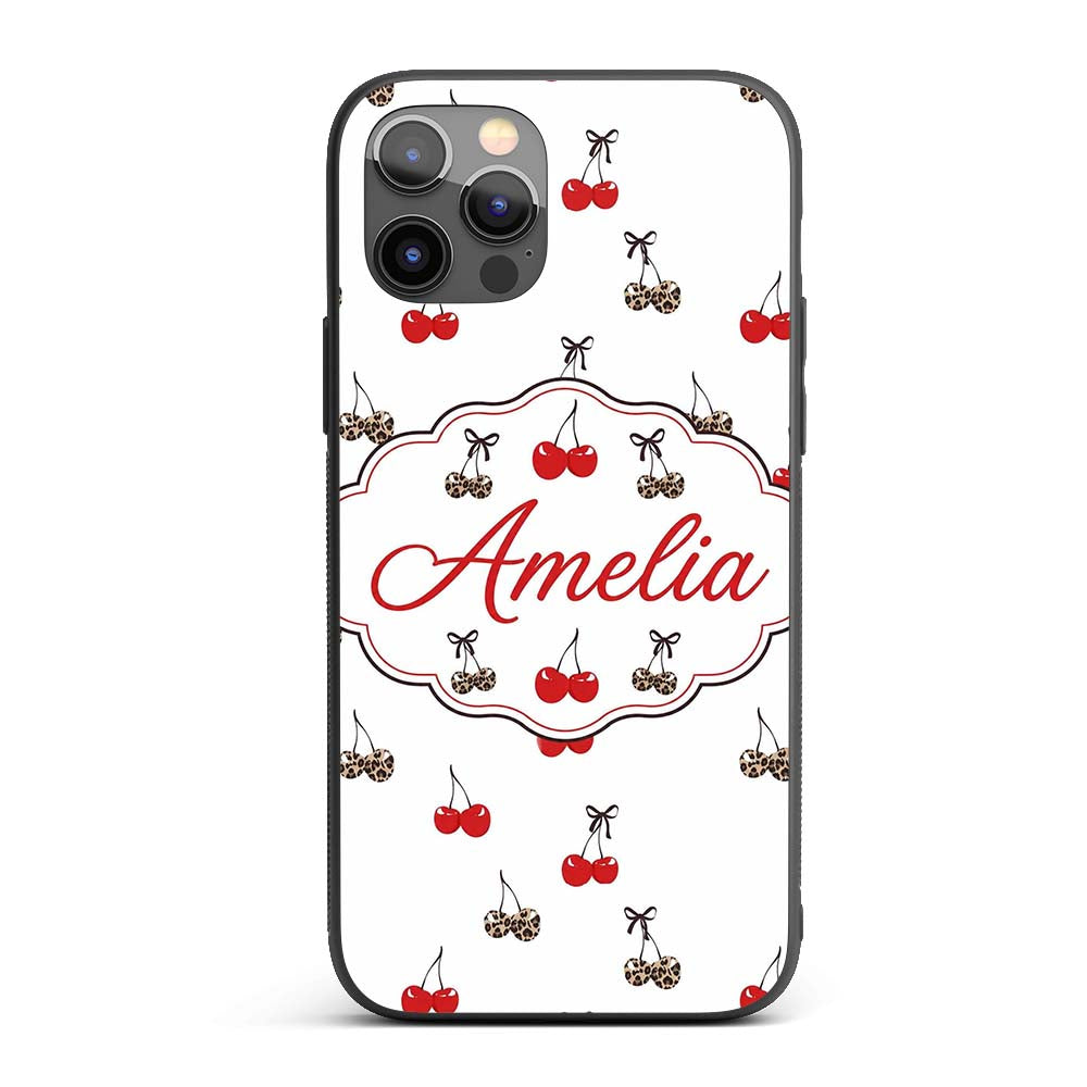 Cute Cherry and Leopard Print Bow Printed Design Custom Name Protective Phone Case Mobile Cover Durable Everyday Smartphone Shock Resistant