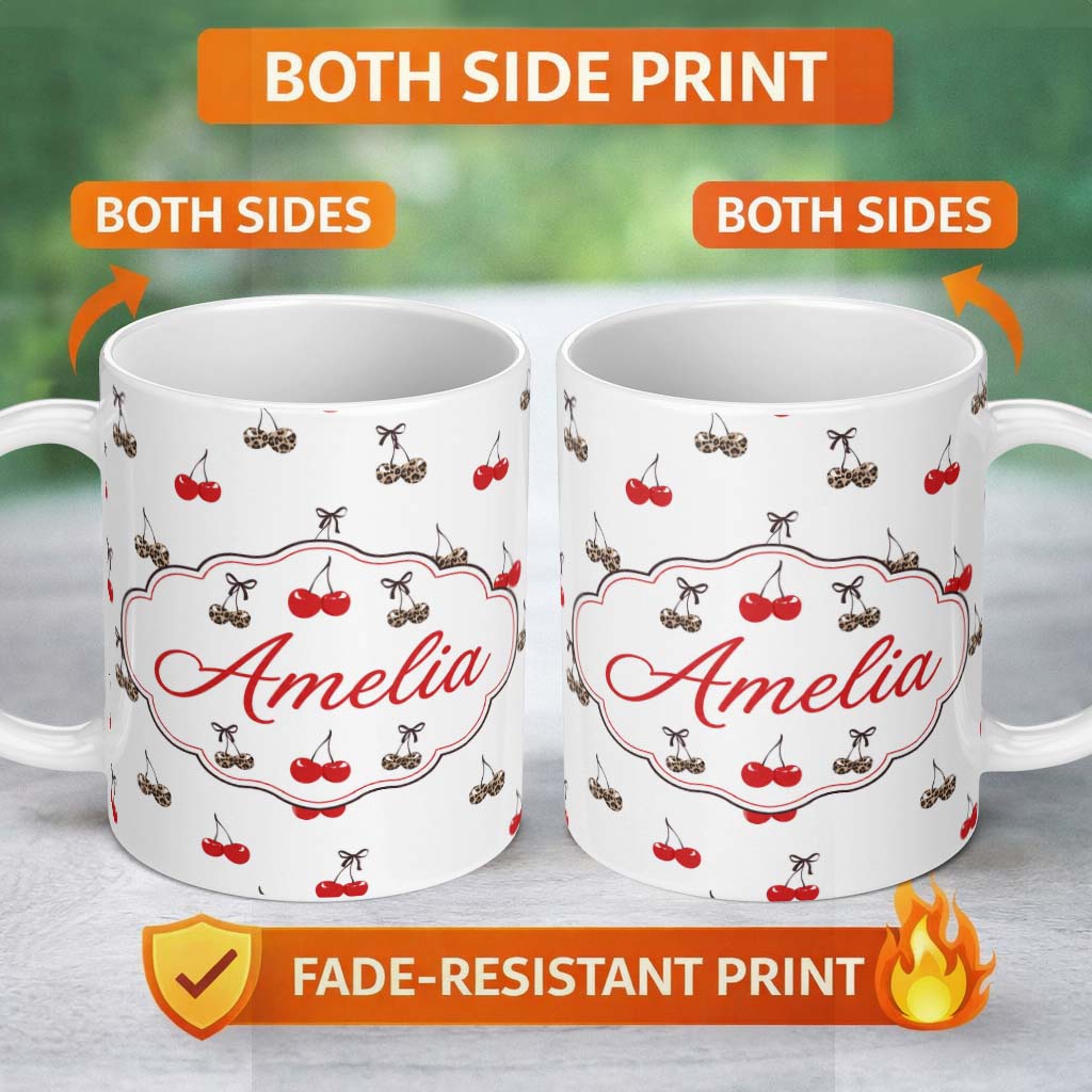 Personalized Custom Name Cute Cherry and Leopard Print Bow Seamless Pattern Custom Name 11oz Ceramic Coffee Tea Mug White Large Handle