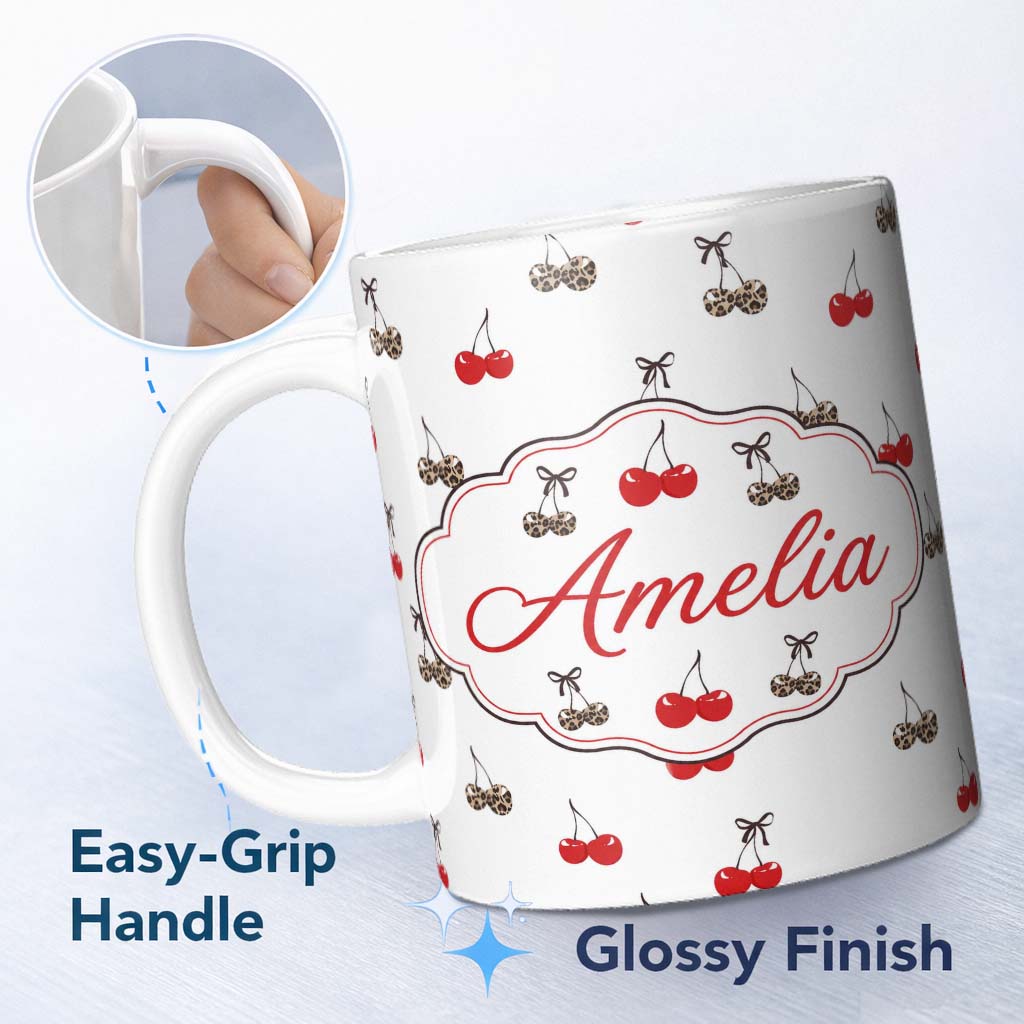 Personalized Custom Name Cute Cherry and Leopard Print Bow Seamless Pattern Custom Name 11oz Ceramic Coffee Tea Mug White Large Handle