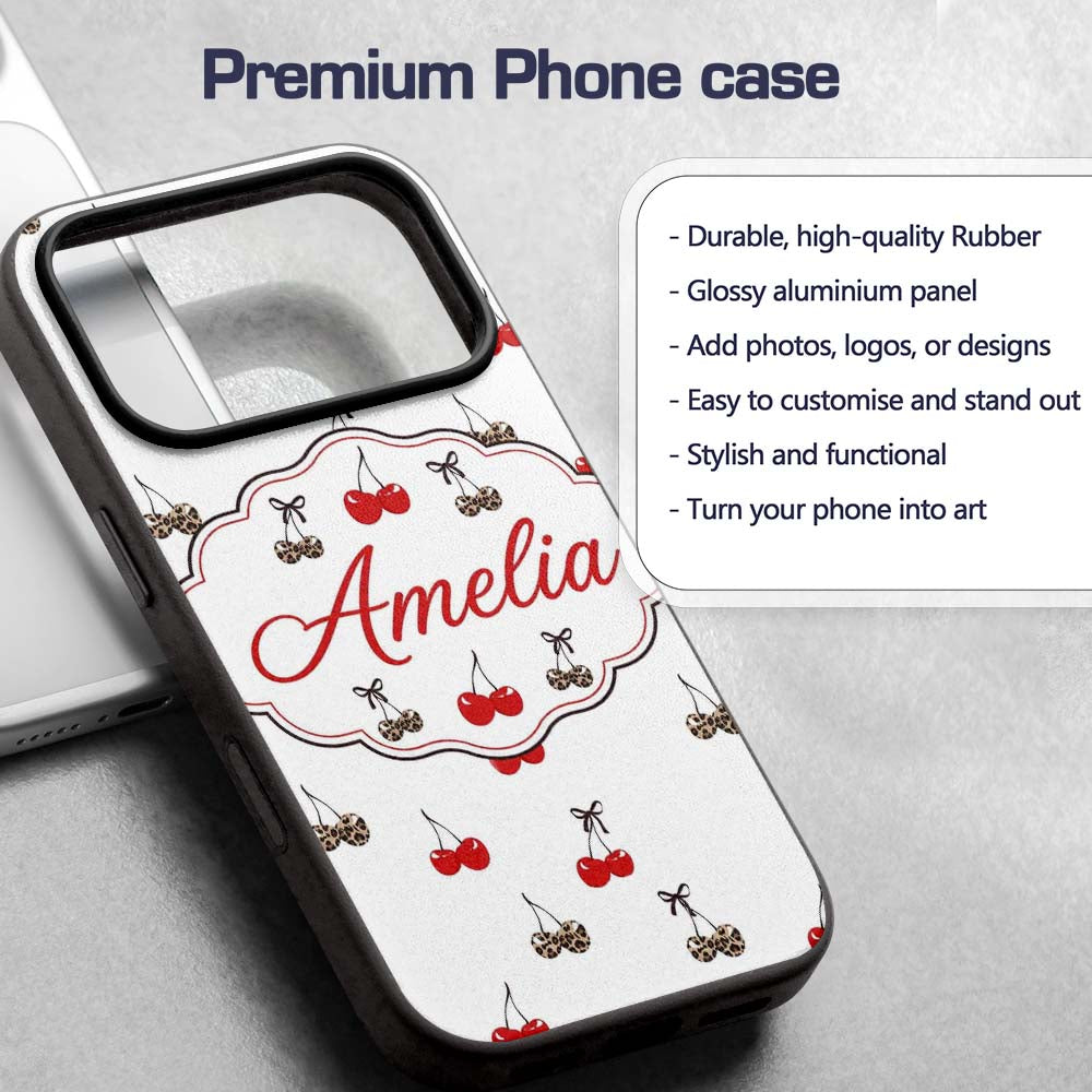 Cute Cherry and Leopard Print Bow Printed Design Custom Name Protective Phone Case Mobile Cover Durable Everyday Smartphone Shock Resistant