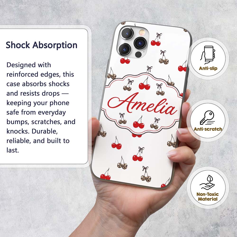 Cute Cherry and Leopard Print Bow Printed Design Custom Name Protective Phone Case Mobile Cover Durable Everyday Smartphone Shock Resistant