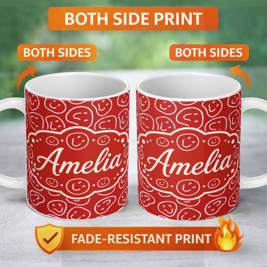 Personalized Custom Name Red Smiley Face Doodle Seamless Pattern Bold Fun Style Name Cute 11oz Ceramic Coffee Tea Mug White Large Handle
