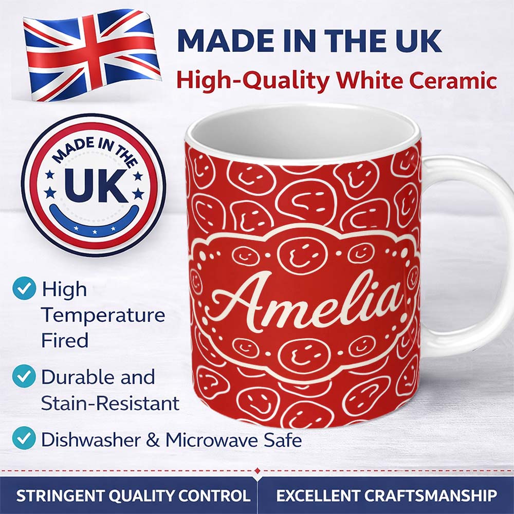 Personalized Custom Name Red Smiley Face Doodle Seamless Pattern Bold Fun Style Name Cute 11oz Ceramic Coffee Tea Mug White Large Handle