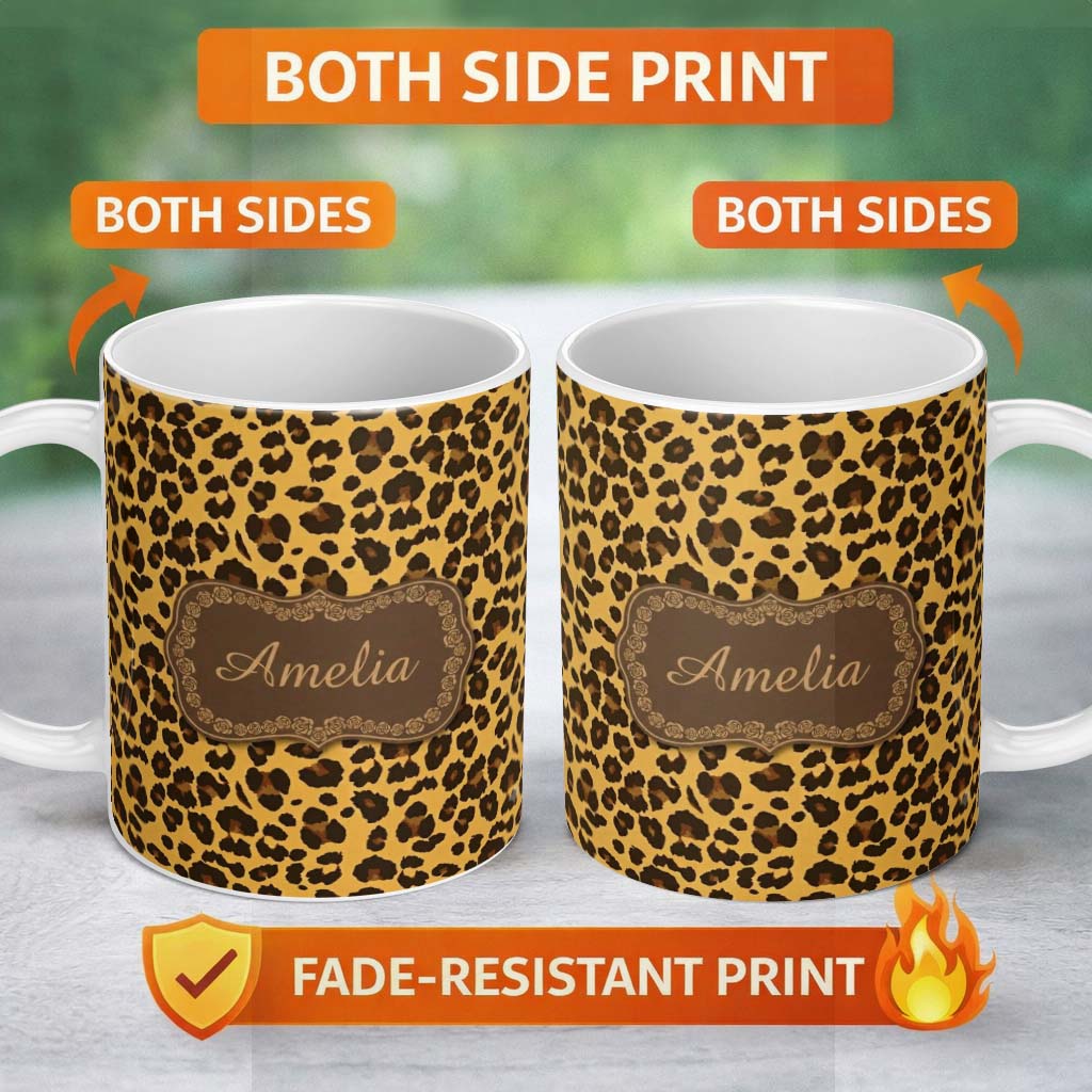 Personalized Custom Name Classic Leopard Animal Print Seamless Pattern Golden Brown Style 11oz Ceramic Coffee Tea Mug White Large Handle