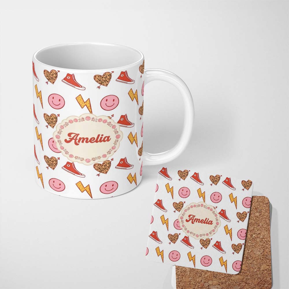 Personalized Custom Name Cute Heart Lightning Sneaker Seamless Pattern Trendy Style Name 11oz Ceramic Coffee Tea Mug White Large Handle