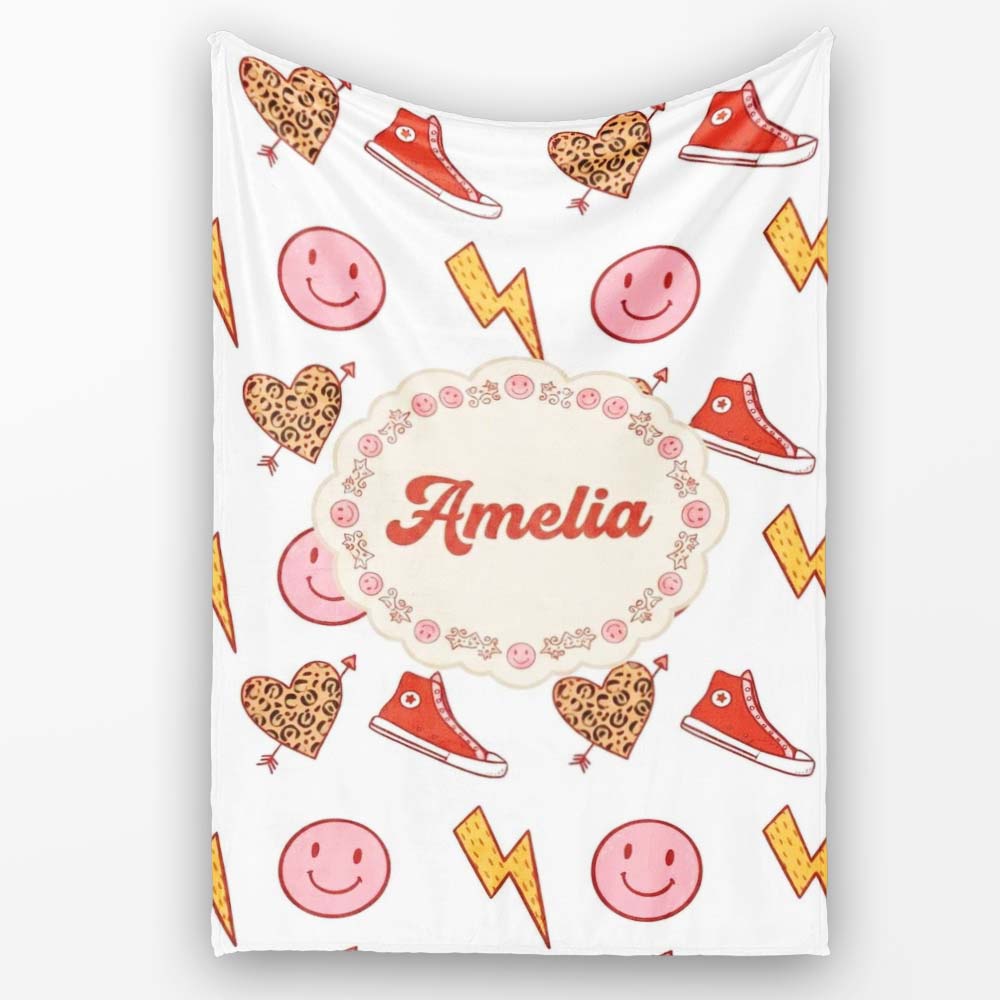 Cute Heart Lightning Sneaker Seamless Pattern Trendy Style Name Personalised Custom Name Super Soft Fleece Blanket Bed Sofa Throw