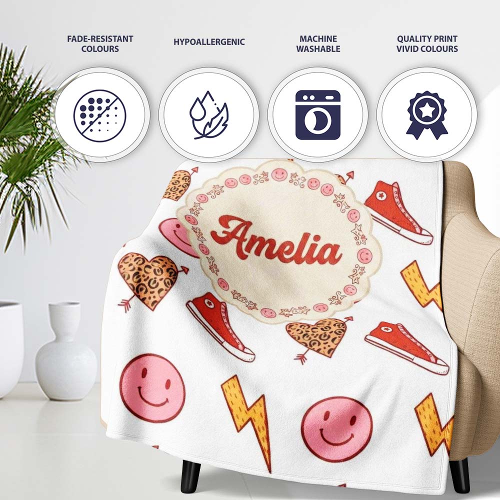 Cute Heart Lightning Sneaker Seamless Pattern Trendy Style Name Personalised Custom Name Super Soft Fleece Blanket Bed Sofa Throw