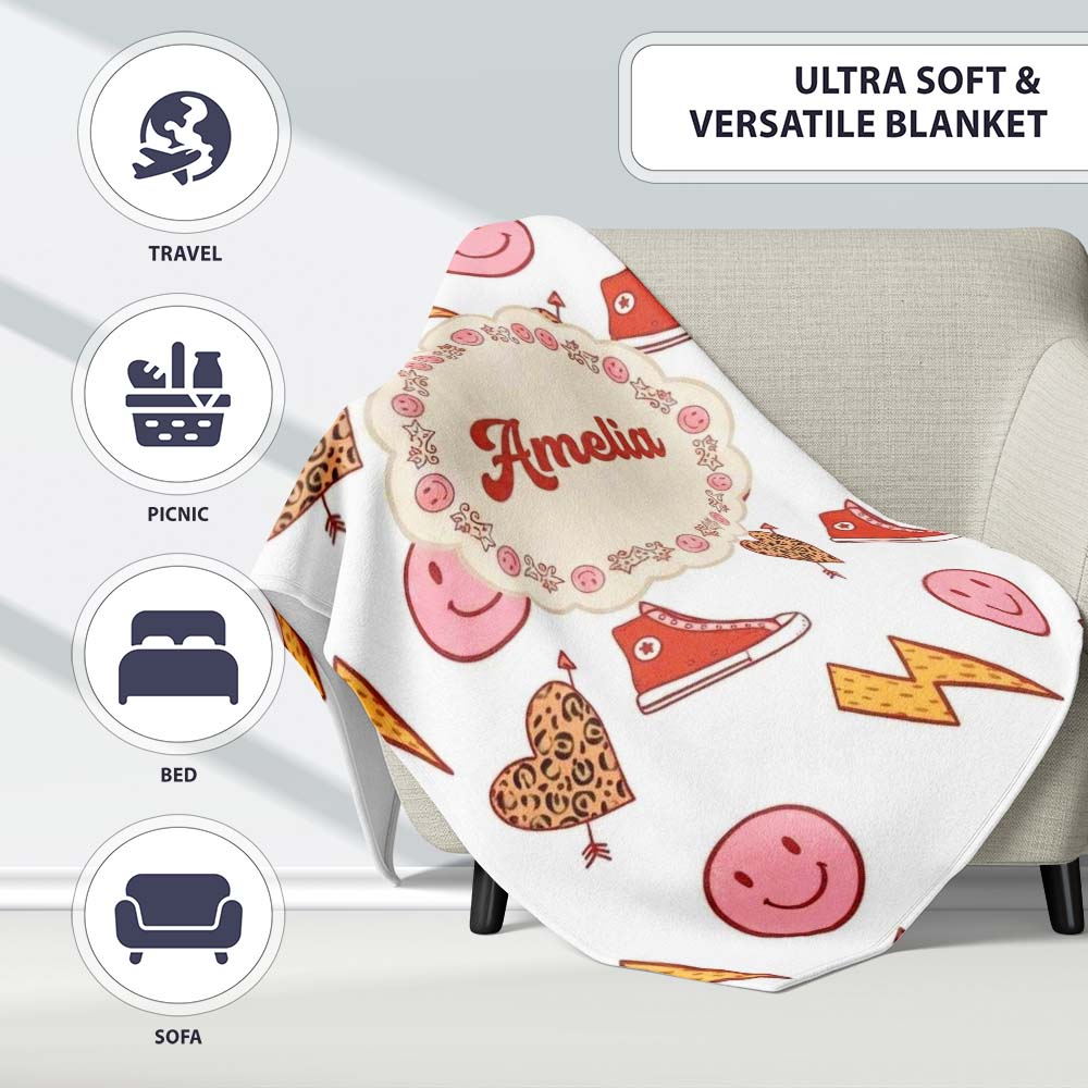 Cute Heart Lightning Sneaker Seamless Pattern Trendy Style Name Personalised Custom Name Super Soft Fleece Blanket Bed Sofa Throw
