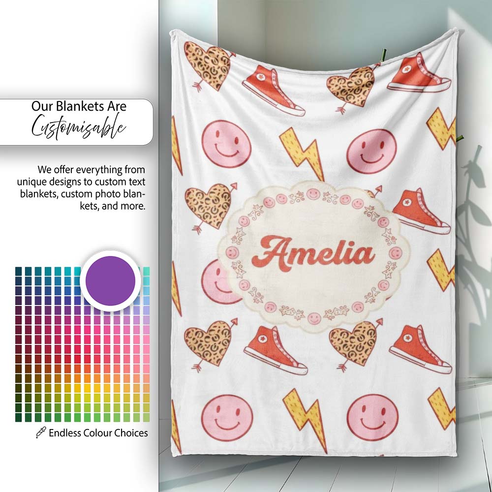 Cute Heart Lightning Sneaker Seamless Pattern Trendy Style Name Personalised Custom Name Super Soft Fleece Blanket Bed Sofa Throw