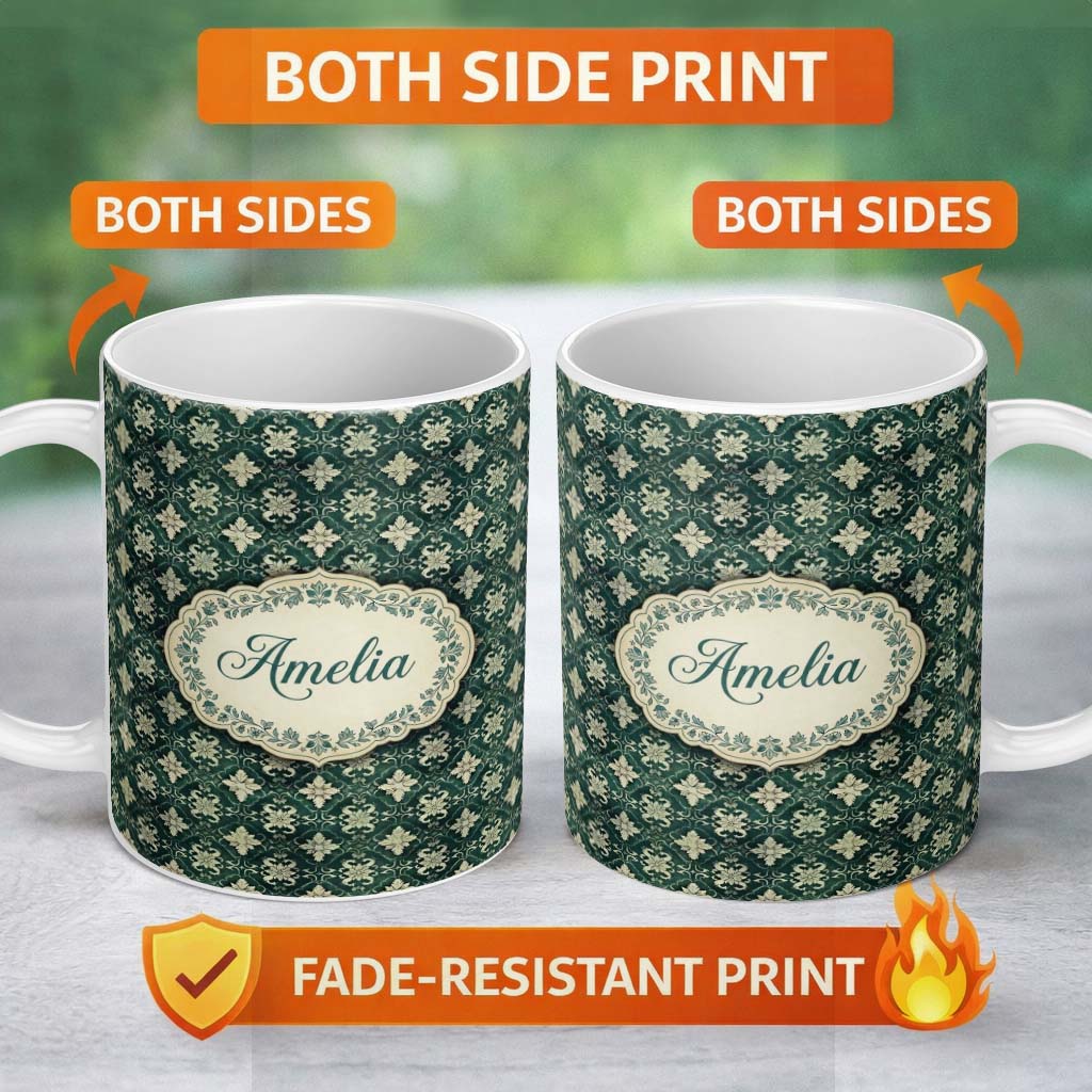 Personalized Custom Name Vintage Floral Damask Green Seamless Pattern Elegant Style Name Cute 11oz Ceramic Coffee Tea Mug White Large Handle