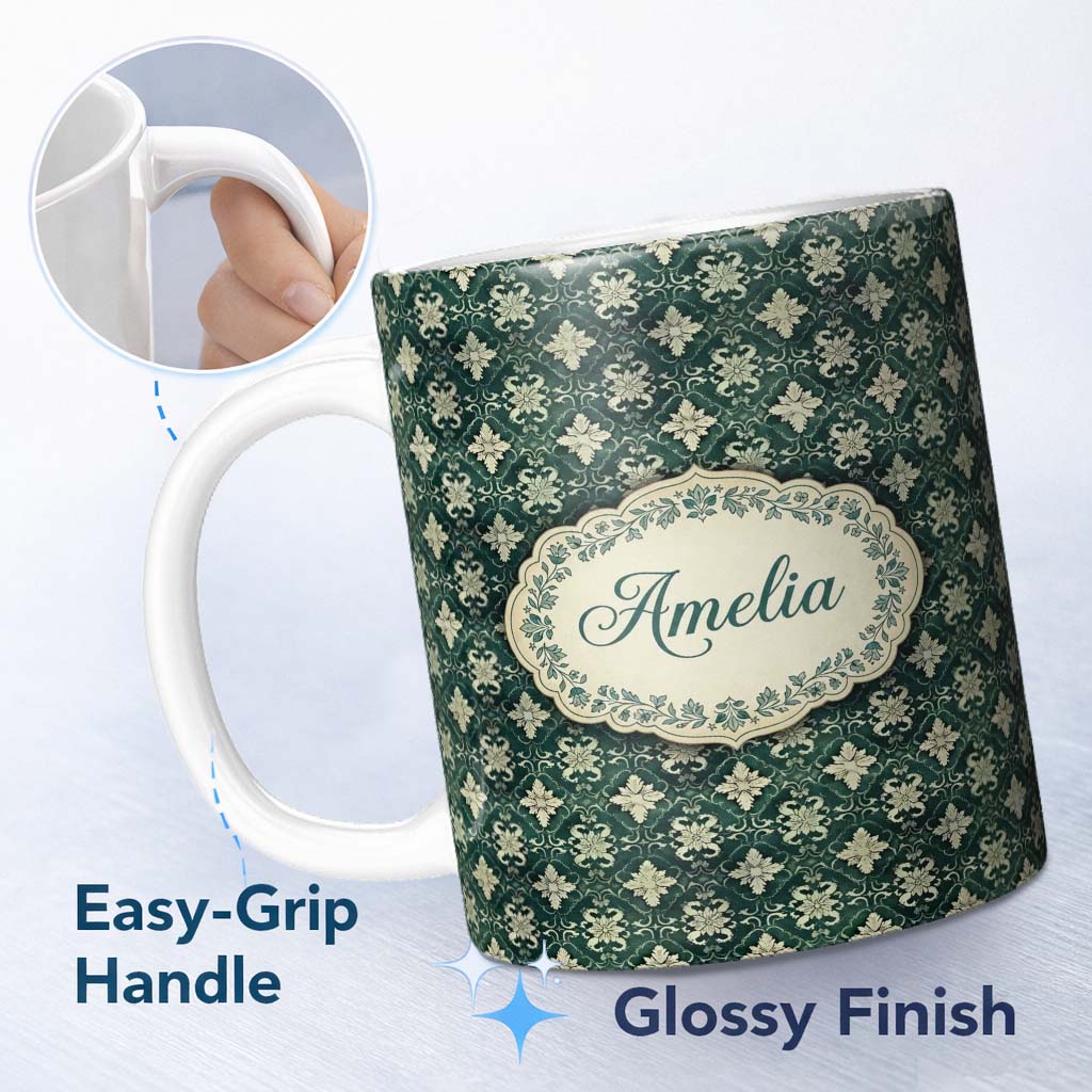 Personalized Custom Name Vintage Floral Damask Green Seamless Pattern Elegant Style Name Cute 11oz Ceramic Coffee Tea Mug White Large Handle