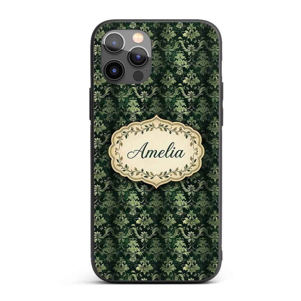 Dark Green Ornamental Damask Seamless Pattern Custom Name Protective Phone Case Mobile Cover Durable Everyday Smartphone Shock Resistant
