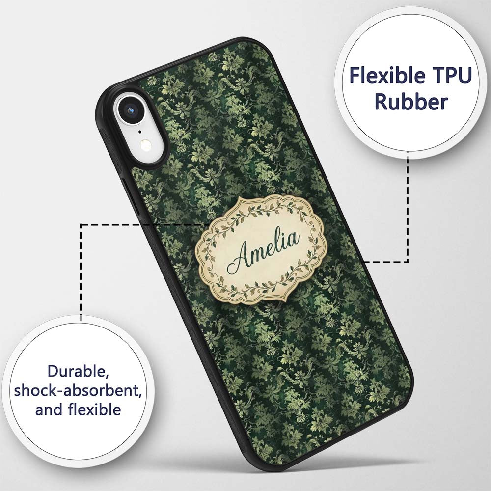 Dark Green Ornamental Damask Seamless Pattern Custom Name Protective Phone Case Mobile Cover Durable Everyday Smartphone Shock Resistant