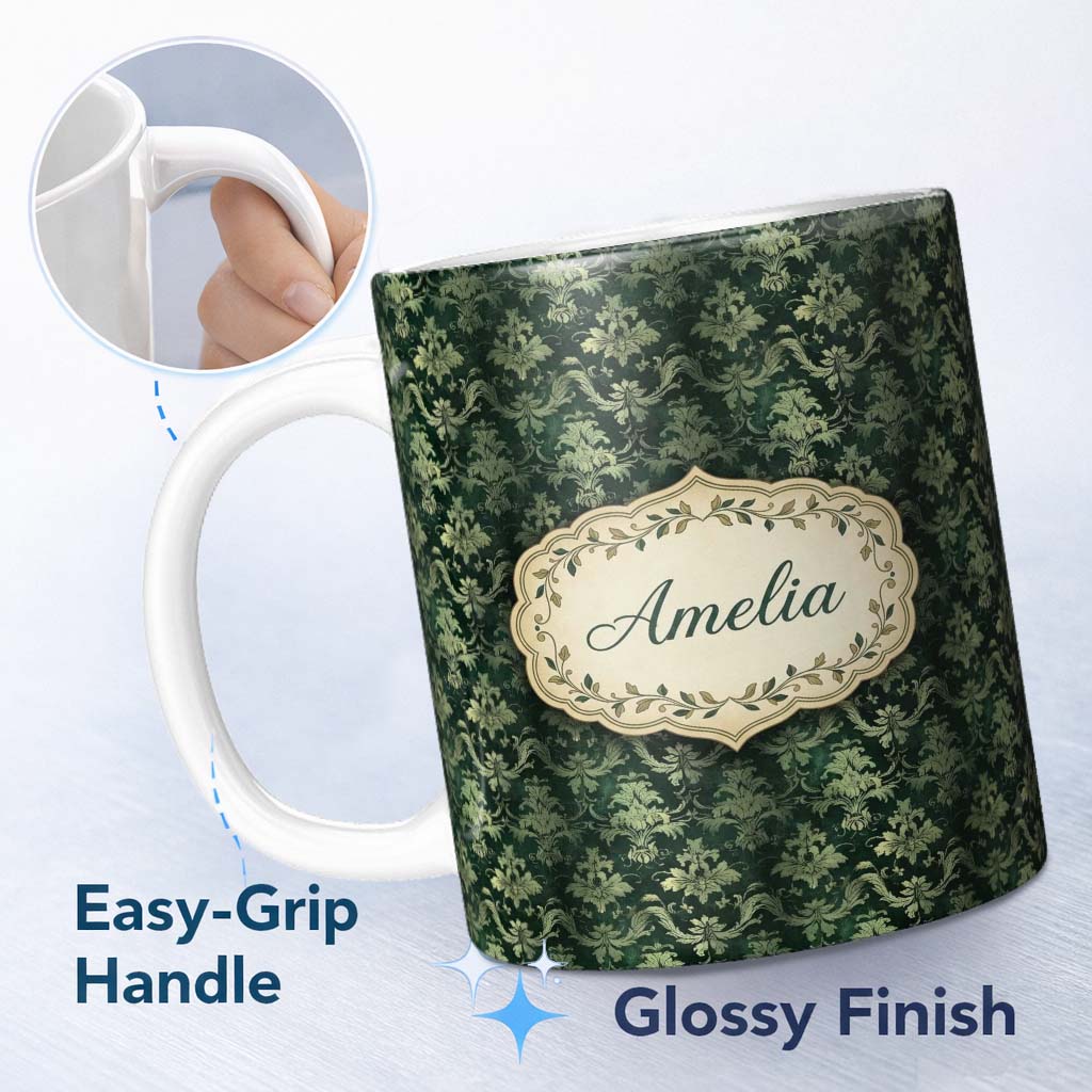 Personalized Custom Name Dark Green Ornamental Damask Seamless Pattern Classic Style Name 11oz Ceramic Coffee Tea Mug White Large Handle