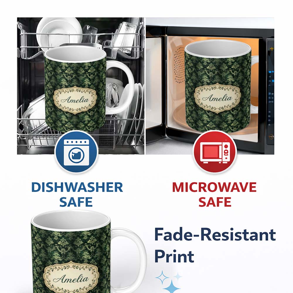 Personalized Custom Name Dark Green Ornamental Damask Seamless Pattern Classic Style Name 11oz Ceramic Coffee Tea Mug White Large Handle