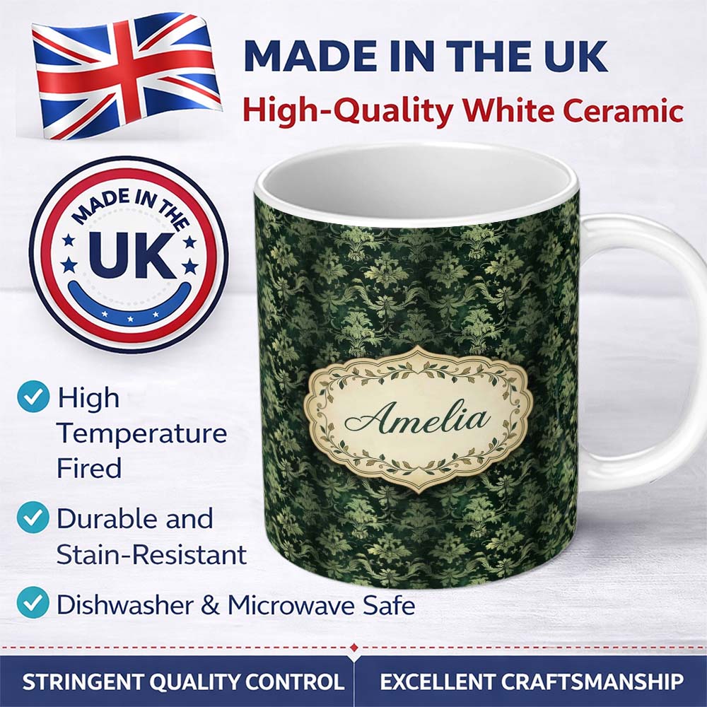 Personalized Custom Name Dark Green Ornamental Damask Seamless Pattern Classic Style Name 11oz Ceramic Coffee Tea Mug White Large Handle