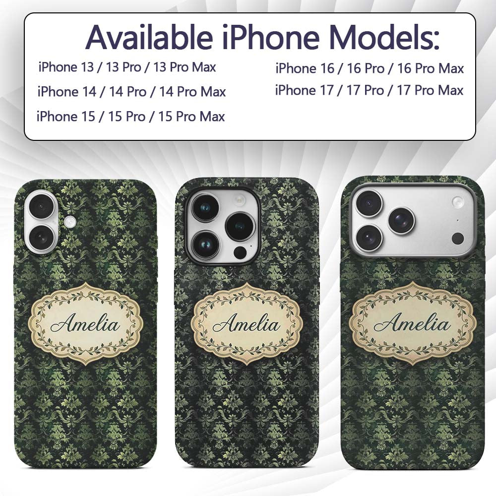 Dark Green Ornamental Damask Seamless Pattern Custom Name Protective Phone Case Mobile Cover Durable Everyday Smartphone Shock Resistant