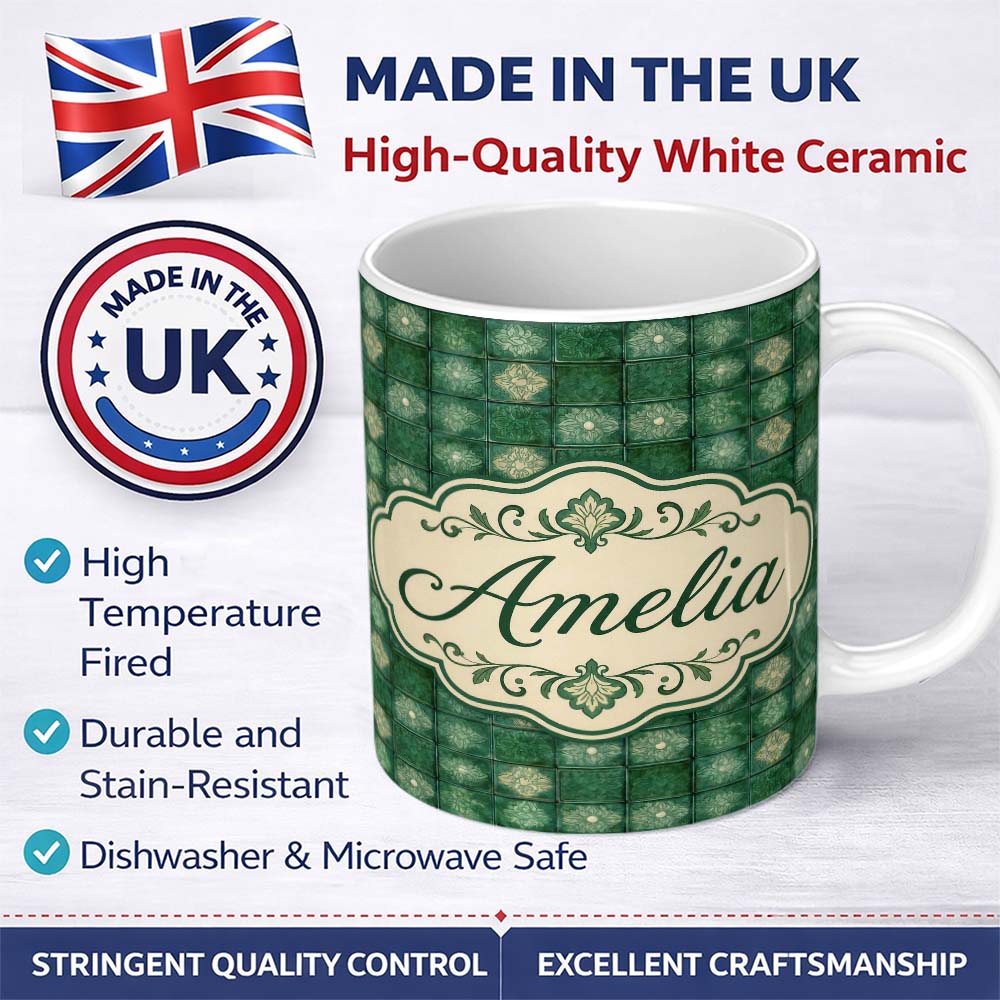 Personalized Custom Name Green Tile Floral Grid Seamless Pattern Decorative Ceramic Style 11oz Ceramic Coffee Tea Mug White Large Handle