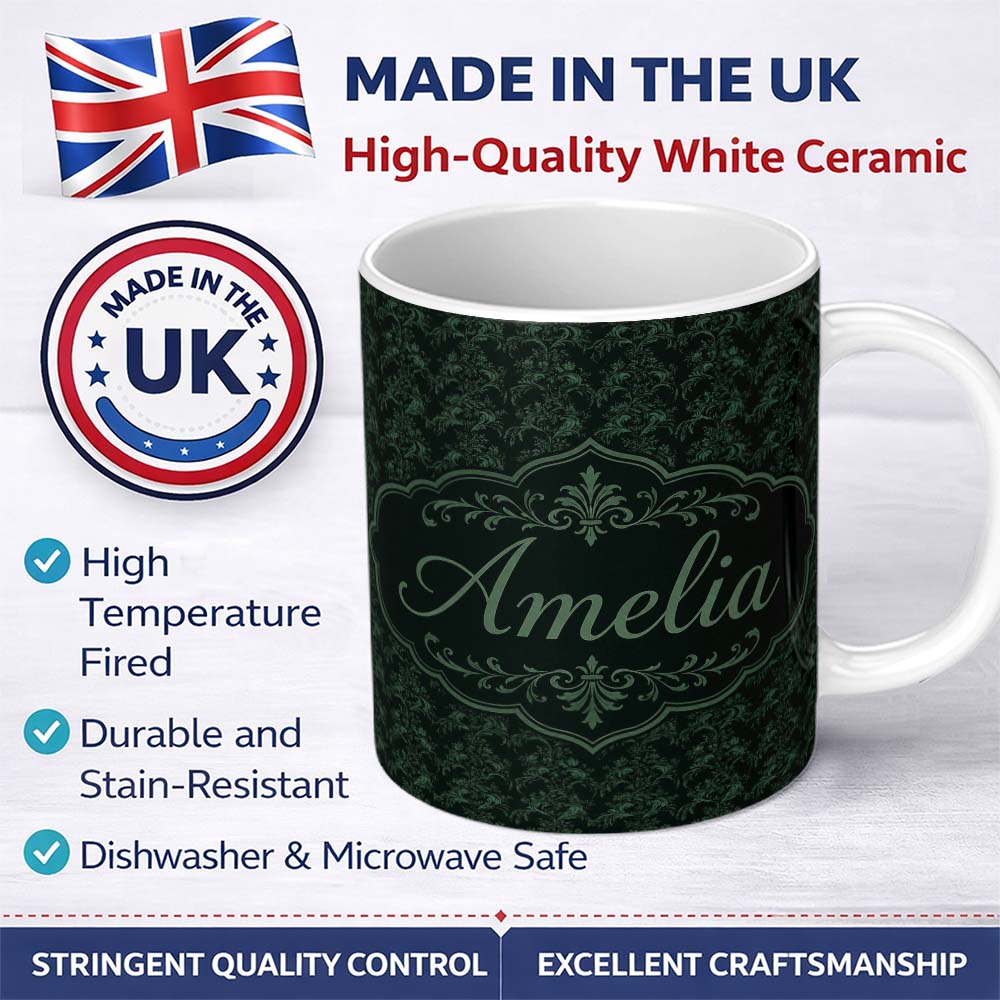 Personalized Custom Name Dark Botanical Damask Seamless Pattern Elegant Vintage Style Name 11oz Ceramic Coffee Tea Mug White Large Handle