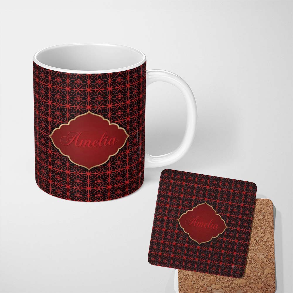 Personalized Custom Name Red Black Geometric Floral Seamless Pattern Elegant Gothic Style 11oz Ceramic Coffee Tea Mug White Large Handle