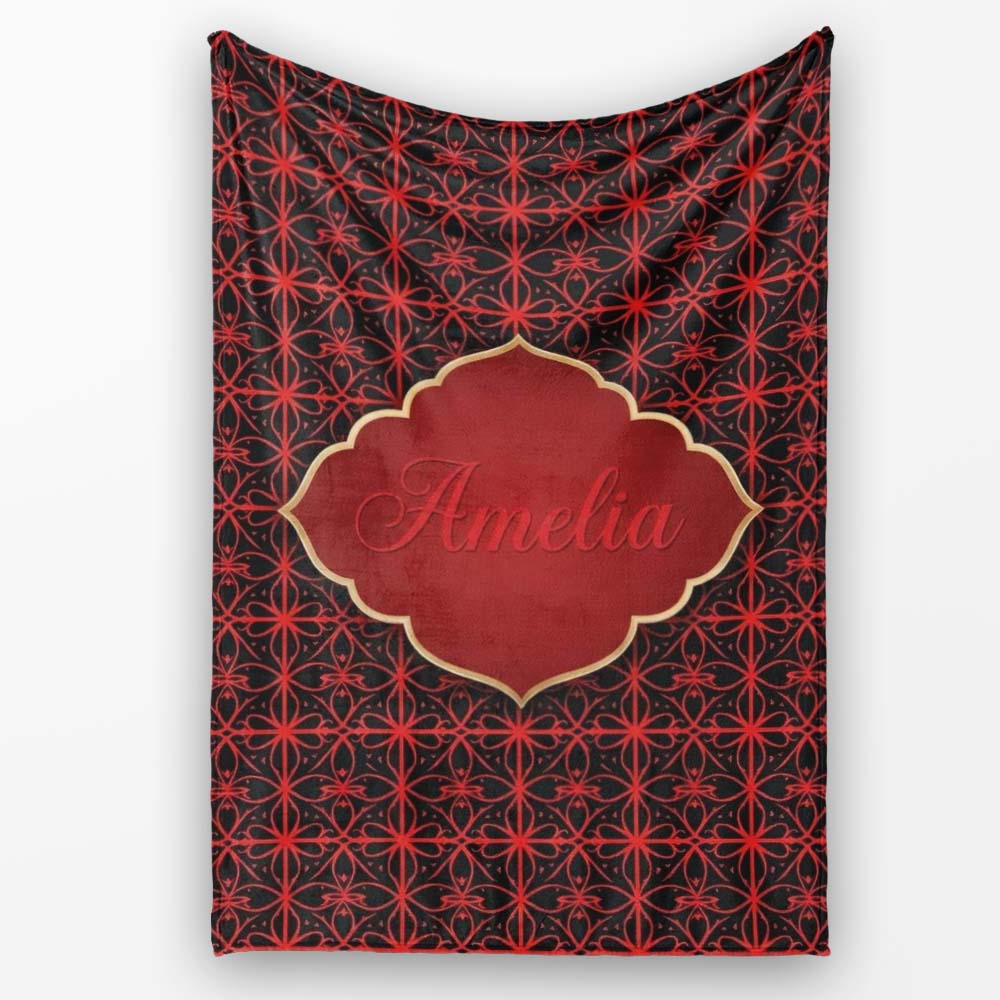Red Black Geometric Floral Seamless Pattern Elegant Gothic Style Personalised Custom Name Super Soft Fleece Blanket Bed Sofa Throw