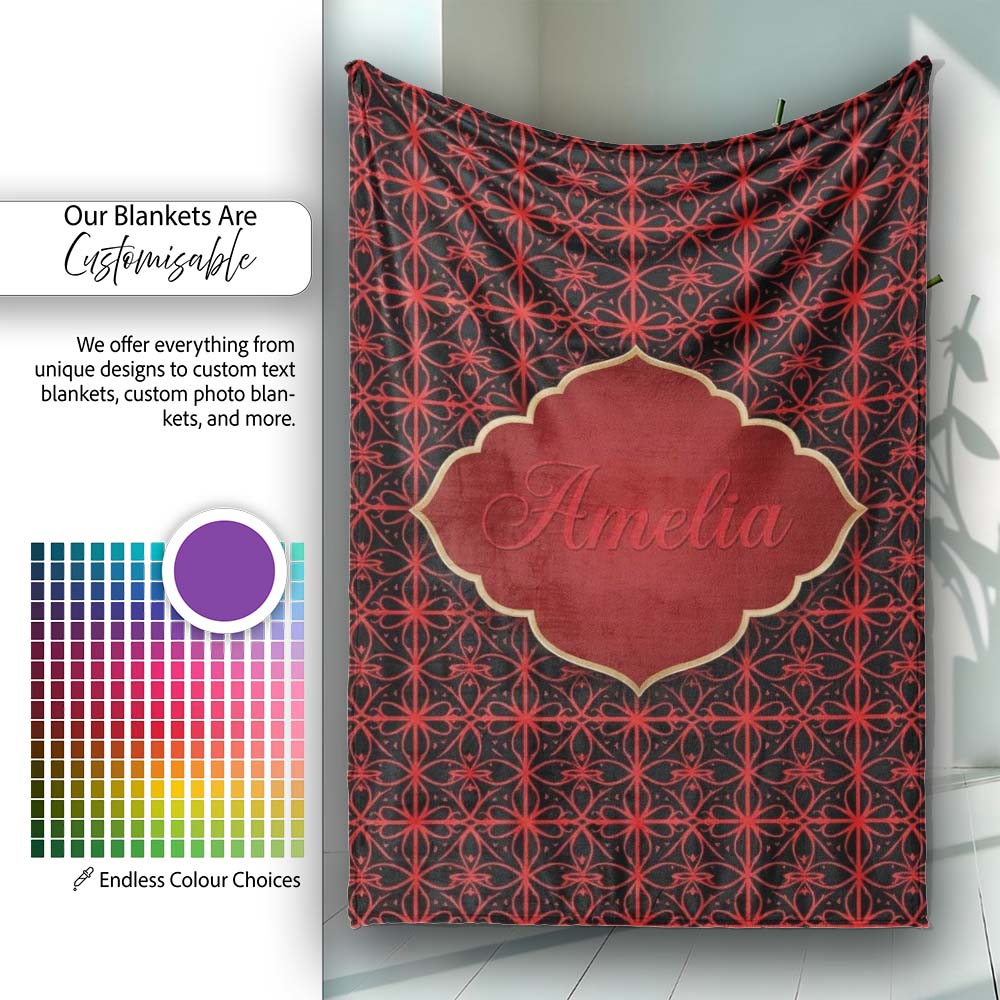 Red Black Geometric Floral Seamless Pattern Elegant Gothic Style Personalised Custom Name Super Soft Fleece Blanket Bed Sofa Throw