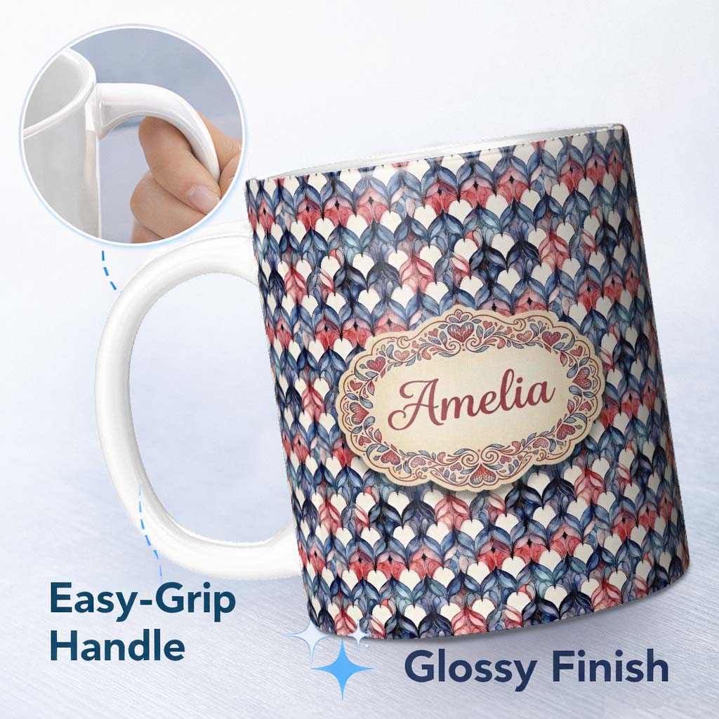Personalized Custom Name Watercolor Blue Pink Leaf Scallop Seamless Pattern Artistic Design 11oz Ceramic Coffee Tea Mug White Large Handle