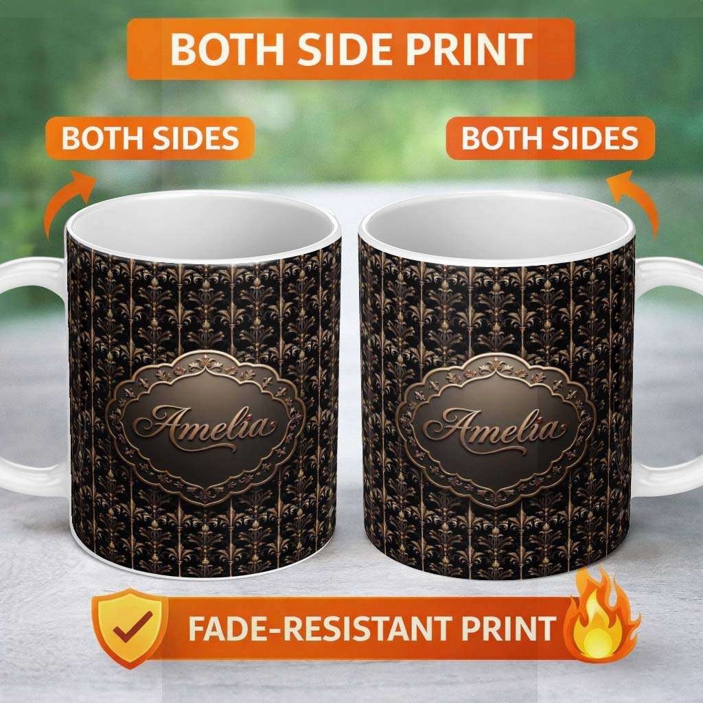 Personalized Custom Name Luxury Gold Ornamental Damask Seamless Pattern Black Background 11oz Ceramic Coffee Tea Mug White Large Handle