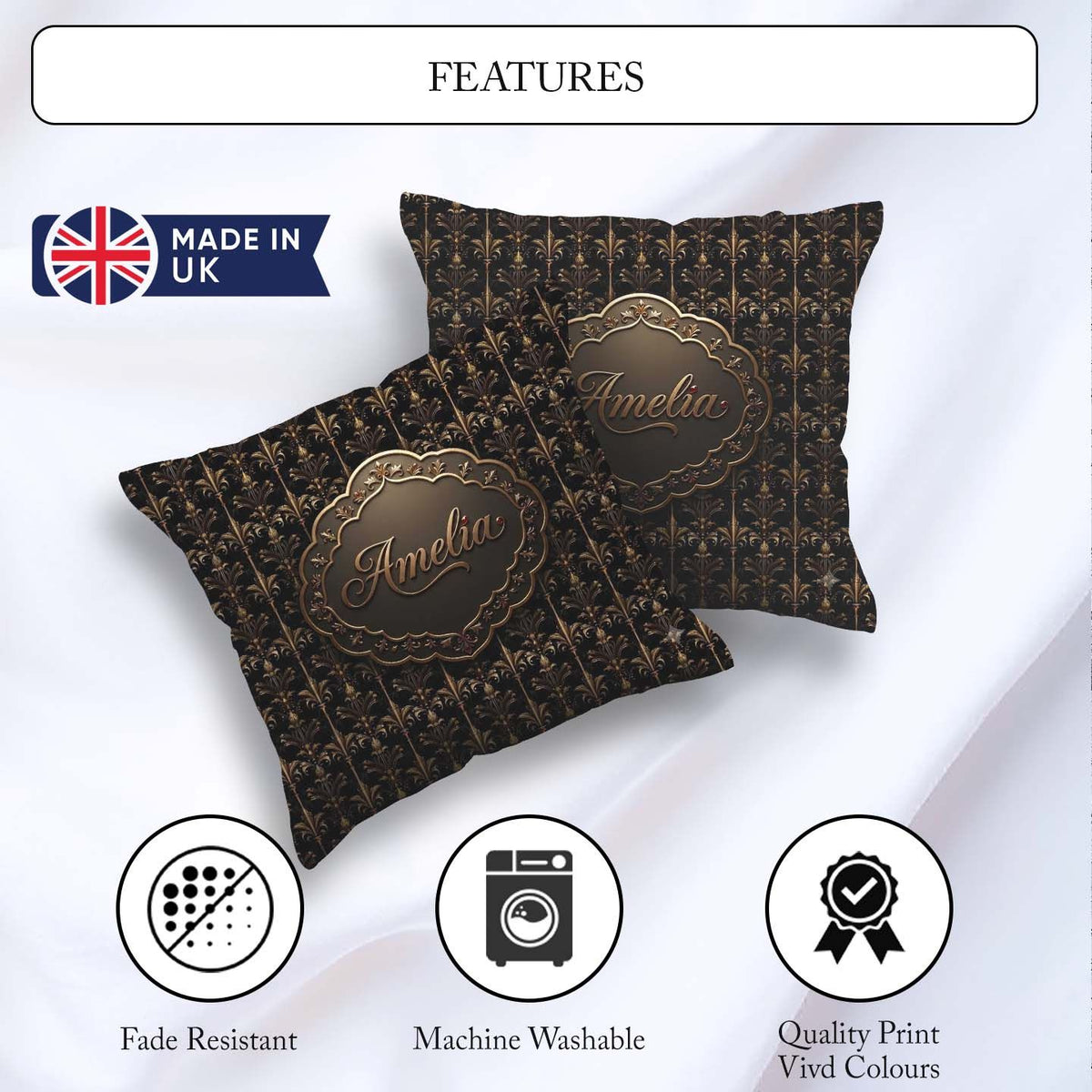 Custom Name Luxury Gold Ornamental Damask Seamless Pattern Black Square Filled Cushion Throw Pillow Sofa Bed Home Decor Zip Washable UK Made