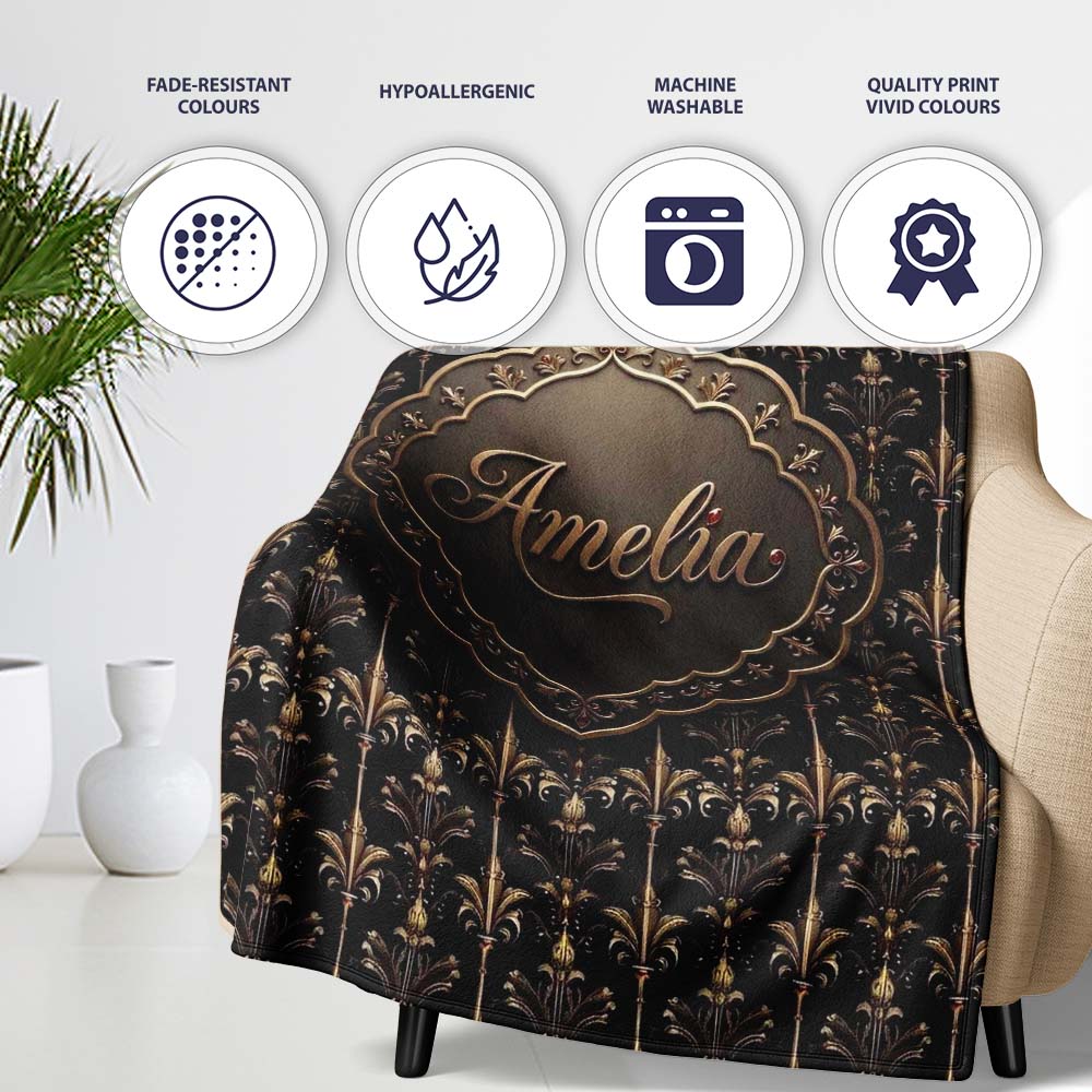 Luxury Gold Ornamental Damask Seamless Pattern Black Background Personalised Custom Name Super Soft Fleece Blanket Bed Sofa Throw