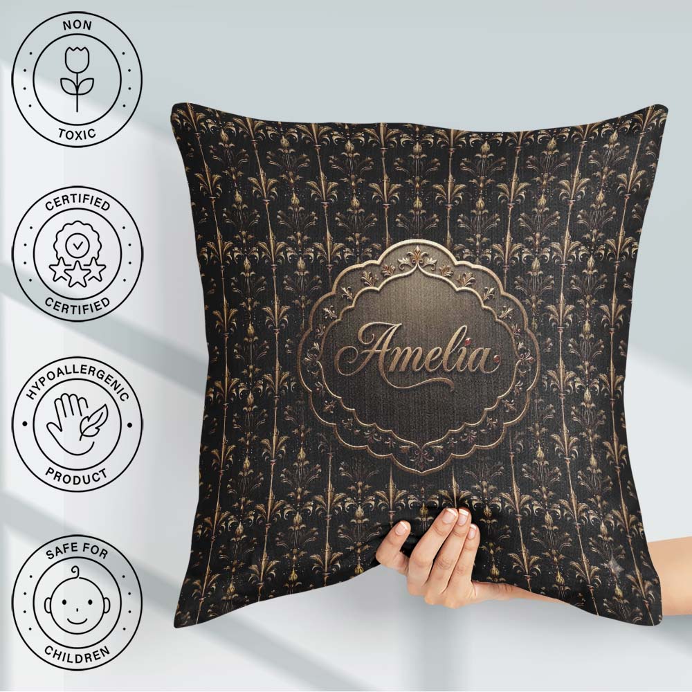Custom Name Luxury Gold Ornamental Damask Seamless Pattern Black Square Filled Cushion Throw Pillow Sofa Bed Home Decor Zip Washable UK Made