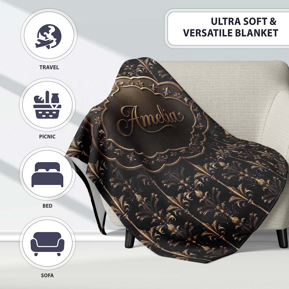 Luxury Gold Ornamental Damask Seamless Pattern Black Background Personalised Custom Name Super Soft Fleece Blanket Bed Sofa Throw