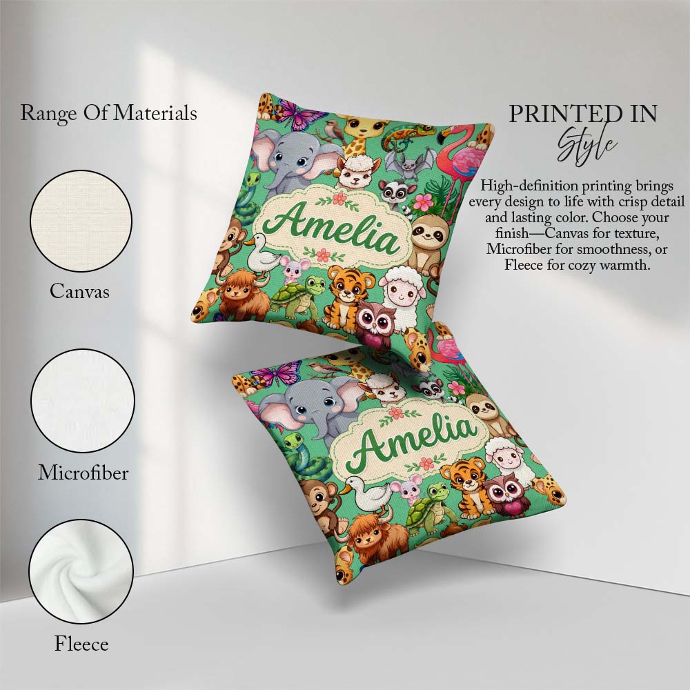 Custom Name Cute Cartoon Jungle Safari Animals Seamless on Green Square Filled Cushion Throw Pillow Sofa Bed Home Decor Zip Washable UK Made