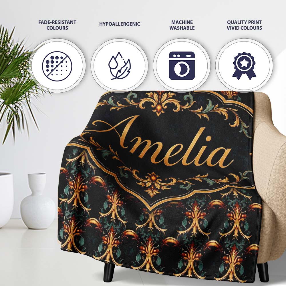 Baroque Gold Teal Ornamental Seamless Pattern Luxury Vintage Style Personalised Custom Name Super Soft Fleece Blanket Bed Sofa Throw