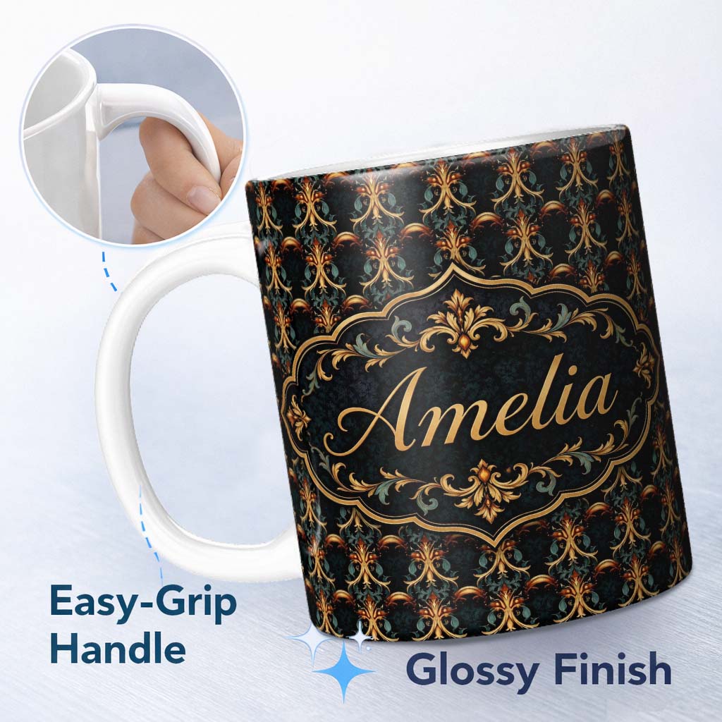 Personalized Custom Name Baroque Gold Teal Ornamental Seamless Pattern Luxury Vintage Style 11oz Ceramic Coffee Tea Mug White Large Handle