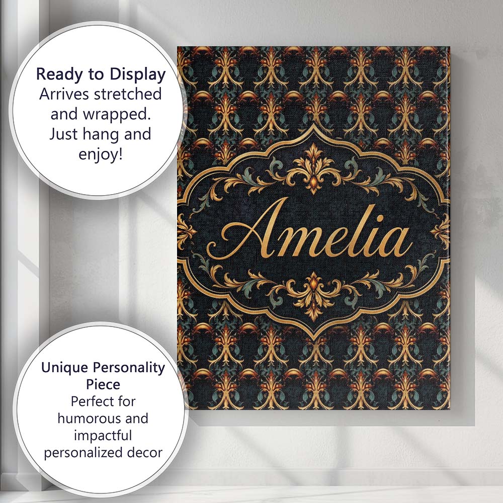 Personalised Name Baroque Gold Teal Ornamental Seamless Pattern Creative Decorator Style Canvas Wall Art Print Decor Picture Ready to Hang