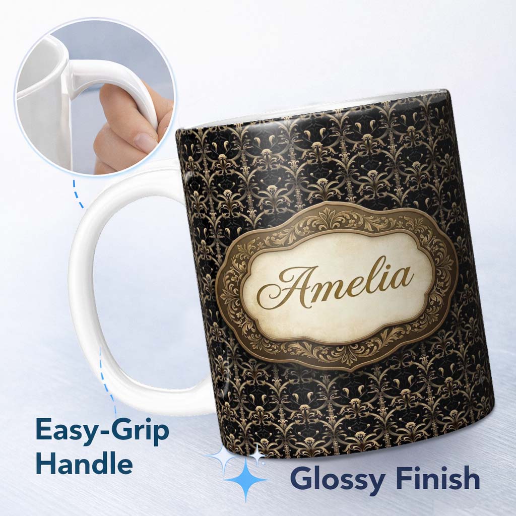Personalized Custom Name Classic Gold Black Victorian Damask Seamless Pattern Royal Style 11oz Ceramic Coffee Tea Mug White Large Handle