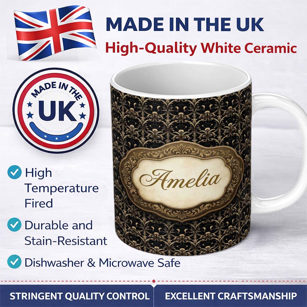 Personalized Custom Name Classic Gold Black Victorian Damask Seamless Pattern Royal Style 11oz Ceramic Coffee Tea Mug White Large Handle