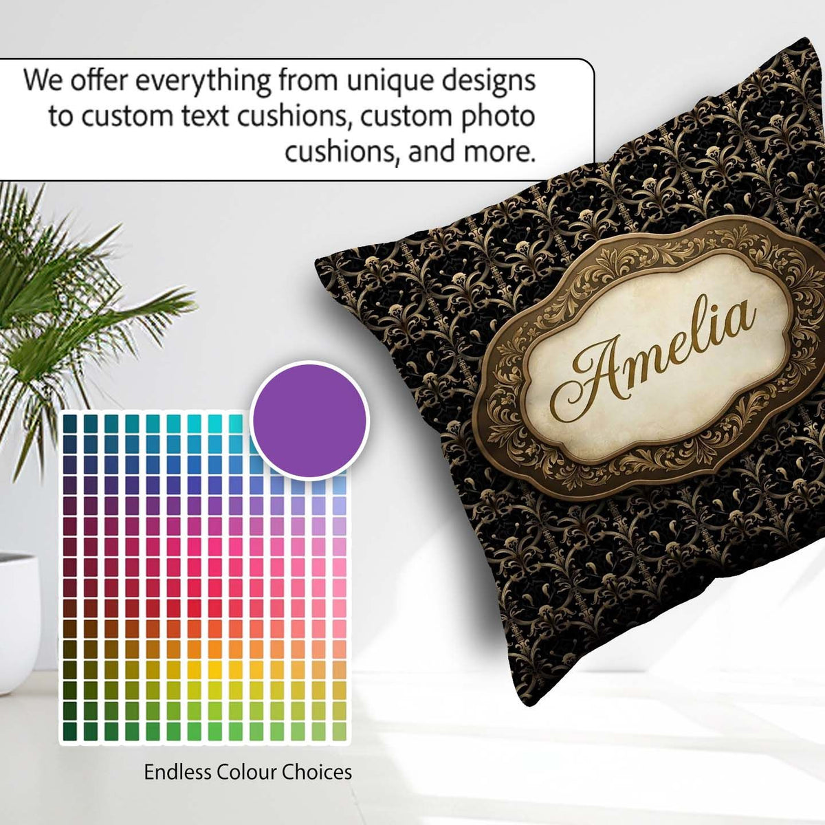 Custom Name Classic Gold Black Victorian Damask Seamless Pattern Square Filled Cushion Throw Pillow Sofa Bed Home Decor Zip Washable UK Made