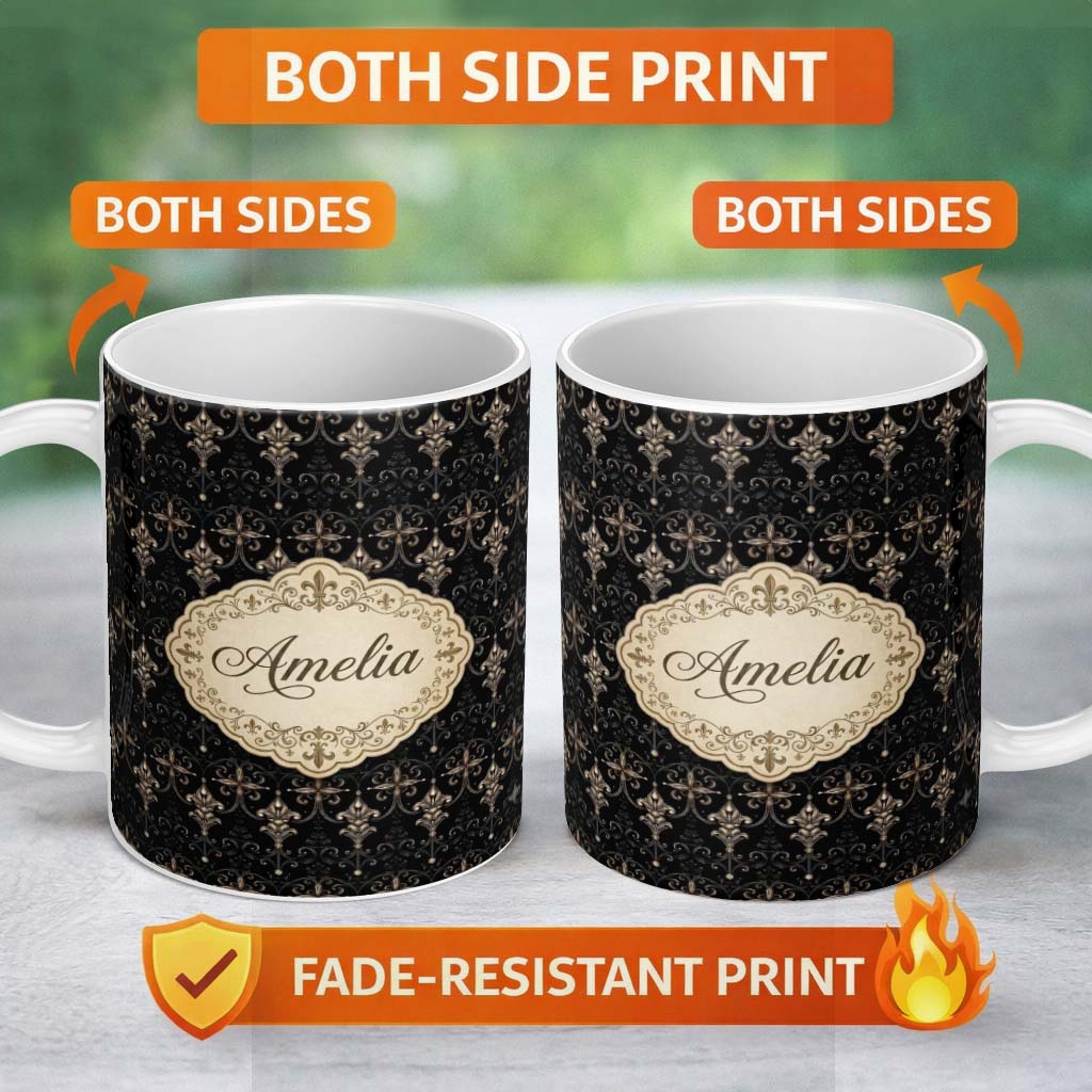 Personalized Custom Name Dark Elegant Baroque Scroll Seamless Pattern Antique Style Name Cute 11oz Ceramic Coffee Tea Mug White Large Handle
