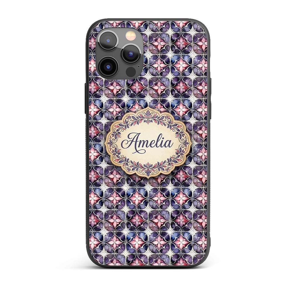 Purple Pink Geometric Floral Tile Printed Design Custom Name Protective Phone Case Mobile Cover Durable Everyday Smartphone Shock Resistant