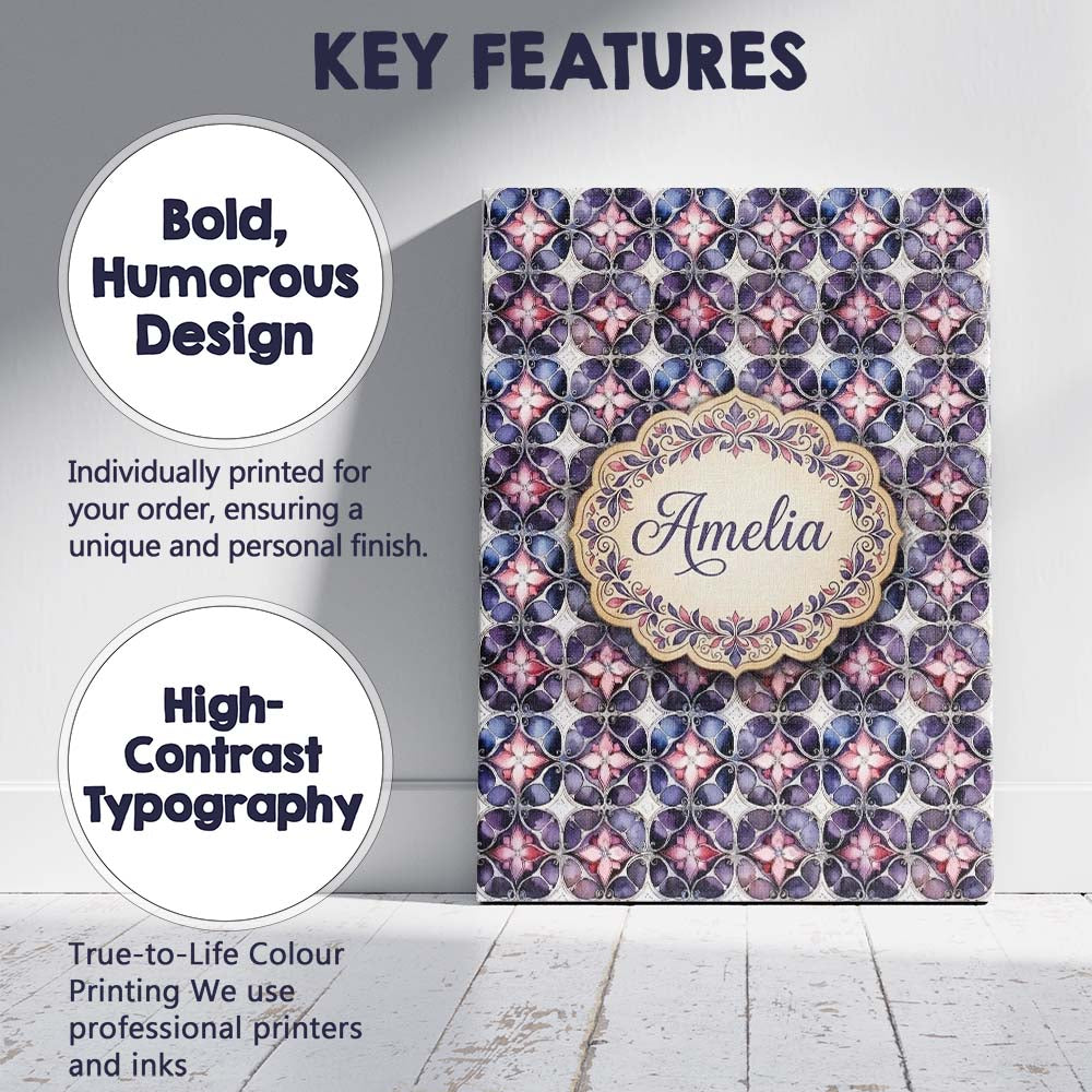 Personalised Name Purple Pink Geometric Custom Modern Room Accent Elegant Feature Canvas Wall Art Print Decor Picture Ready to Hang