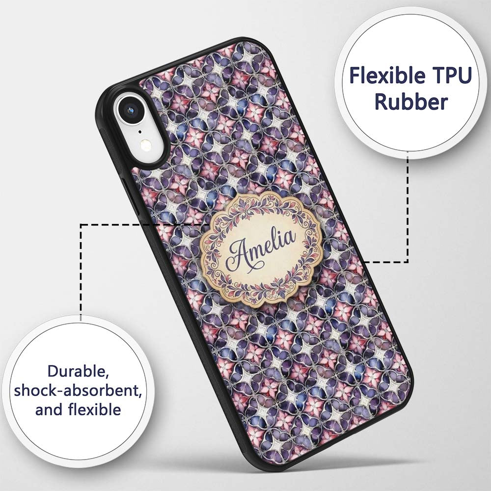 Purple Pink Geometric Floral Tile Printed Design Custom Name Protective Phone Case Mobile Cover Durable Everyday Smartphone Shock Resistant