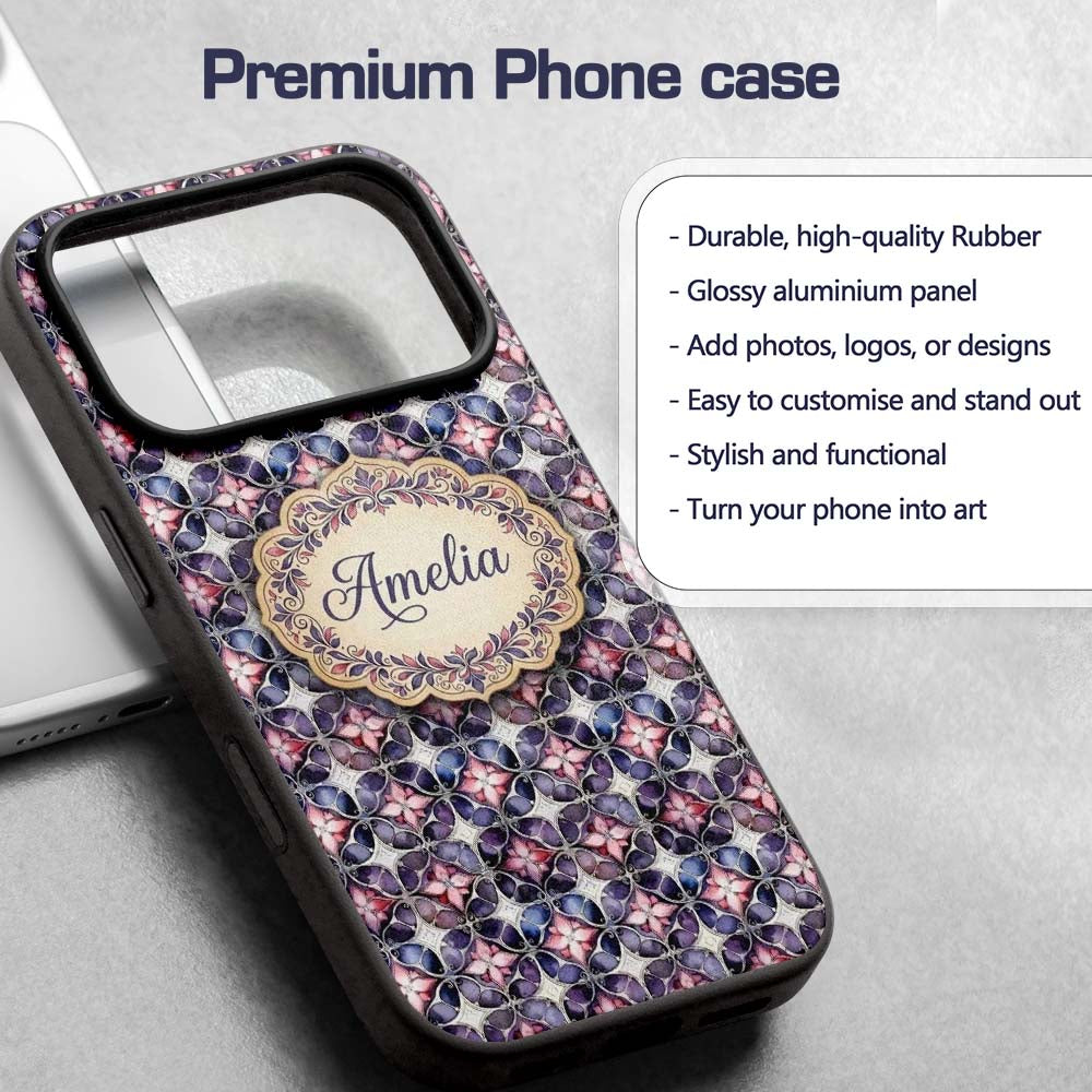Purple Pink Geometric Floral Tile Printed Design Custom Name Protective Phone Case Mobile Cover Durable Everyday Smartphone Shock Resistant