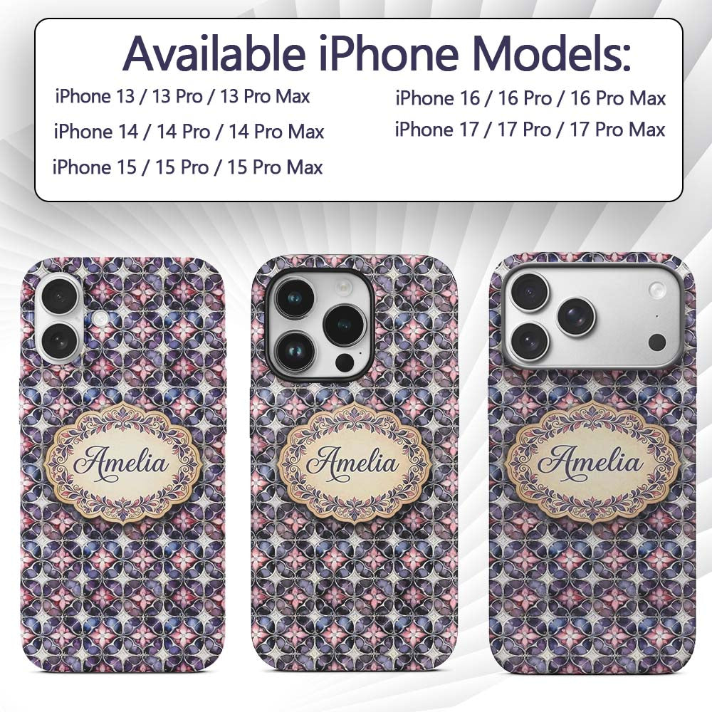 Purple Pink Geometric Floral Tile Printed Design Custom Name Protective Phone Case Mobile Cover Durable Everyday Smartphone Shock Resistant