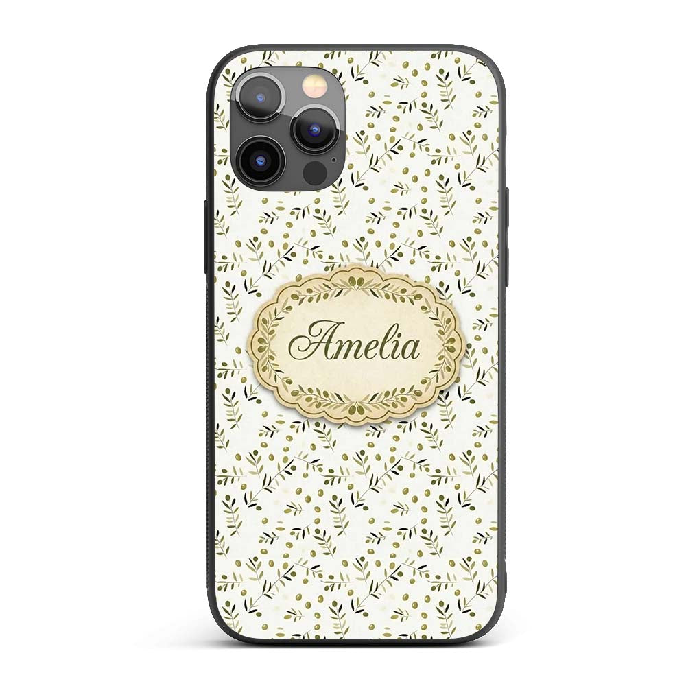 Green Olive Branch Minimal Seamless Pattern on Custom Name Protective Phone Case Mobile Cover Durable Everyday Smartphone Shock Resistant