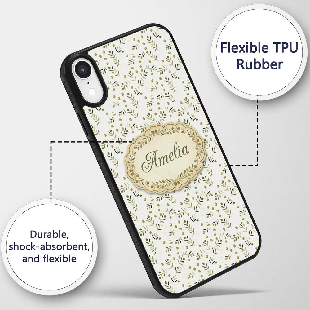 Green Olive Branch Minimal Seamless Pattern on Custom Name Protective Phone Case Mobile Cover Durable Everyday Smartphone Shock Resistant