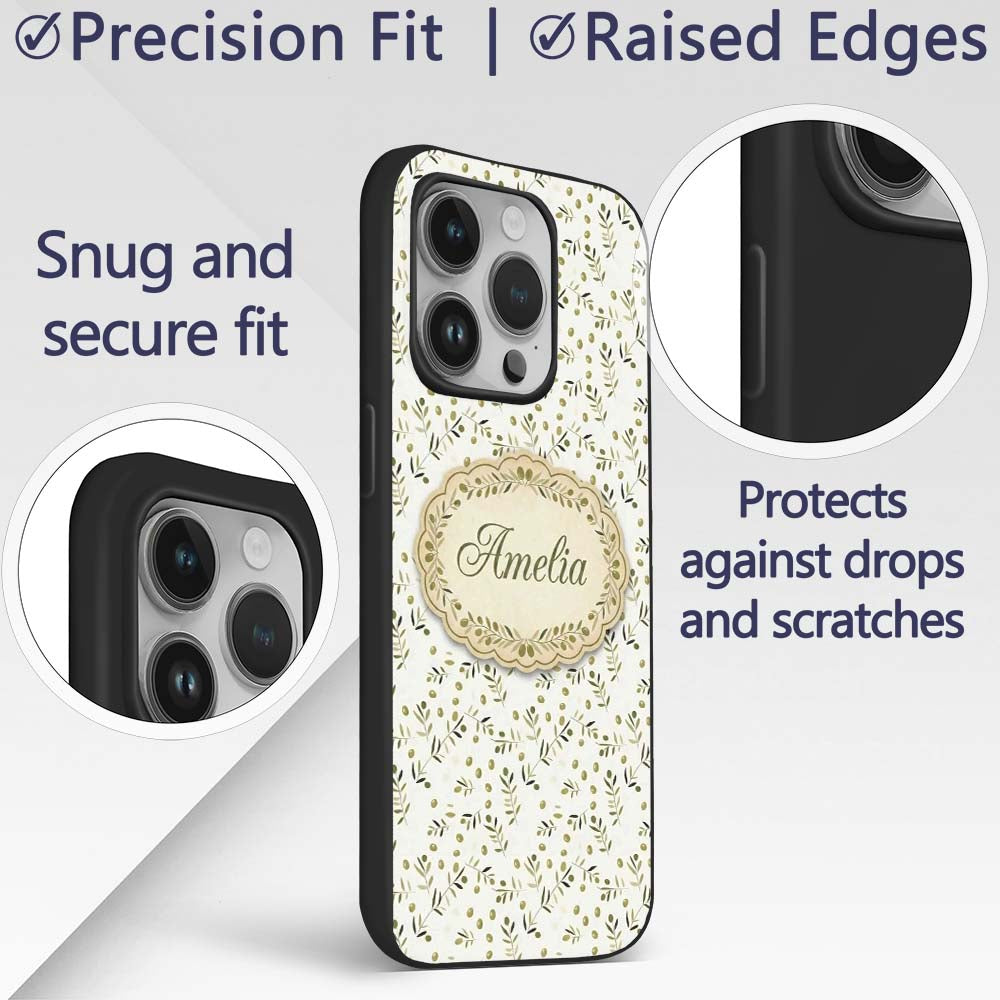 Green Olive Branch Minimal Seamless Pattern on Custom Name Protective Phone Case Mobile Cover Durable Everyday Smartphone Shock Resistant