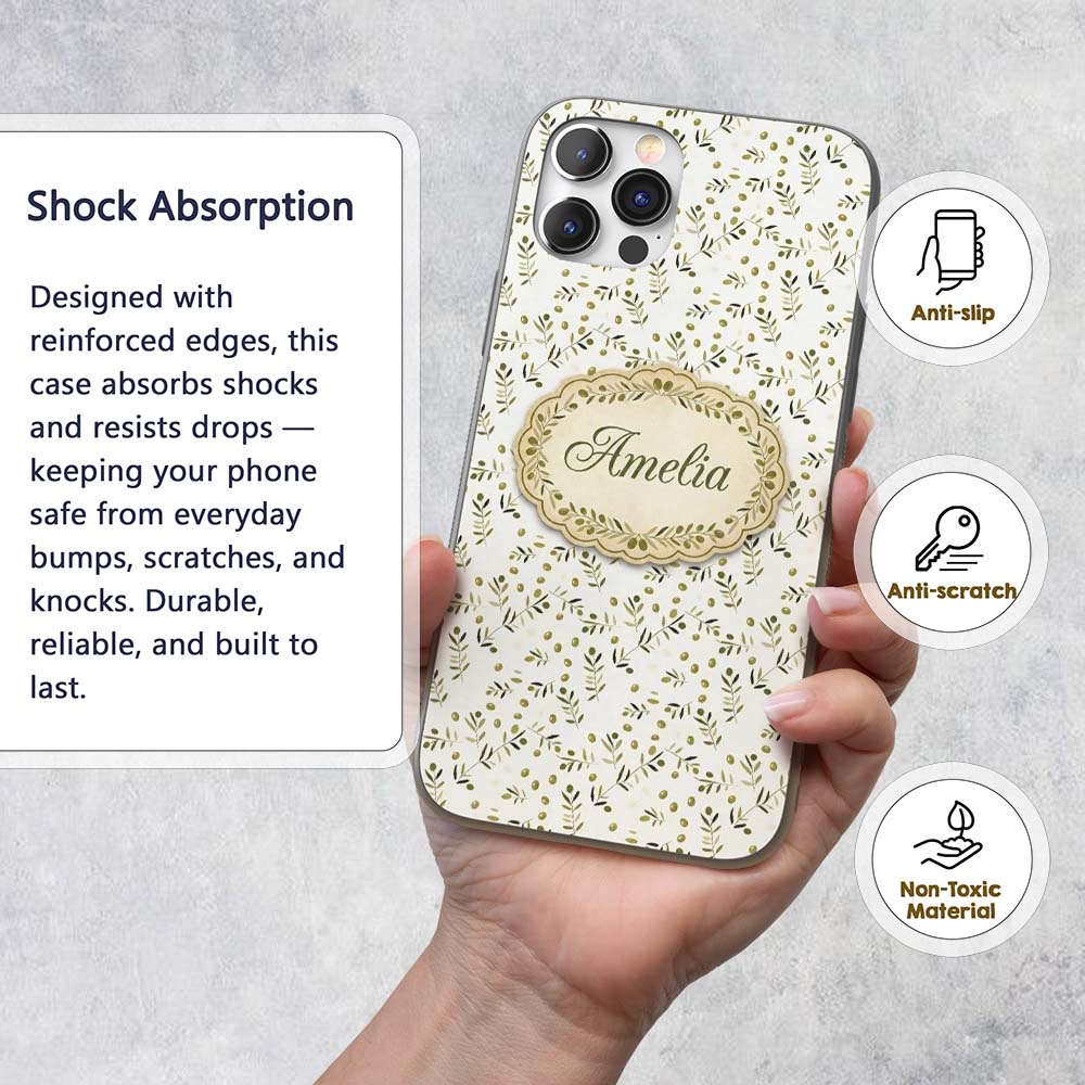 Green Olive Branch Minimal Seamless Pattern on Custom Name Protective Phone Case Mobile Cover Durable Everyday Smartphone Shock Resistant