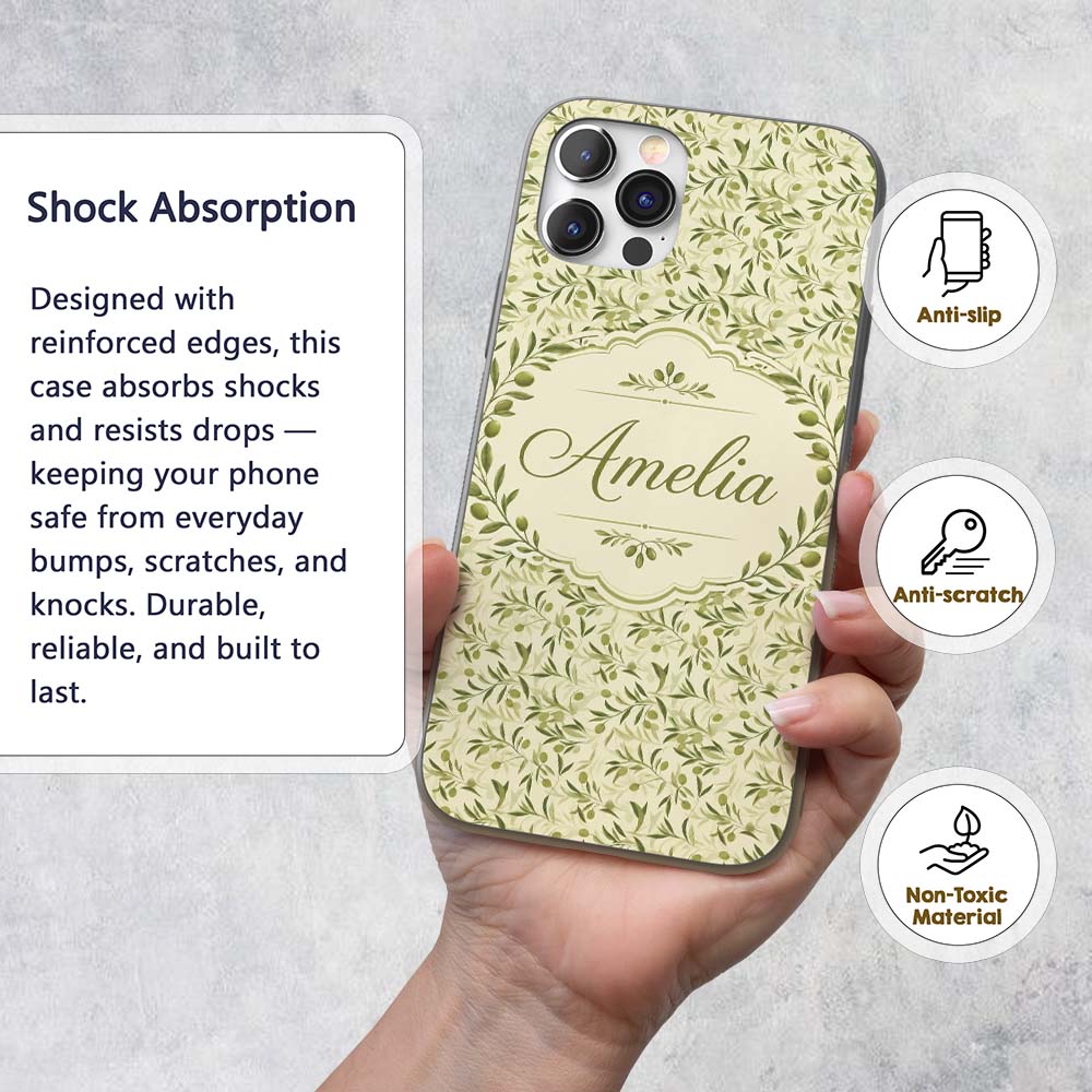 Soft Olive Leaves Watercolor Seamless Pattern Custom Name Protective Phone Case Mobile Cover Durable Everyday Smartphone Shock Resistant